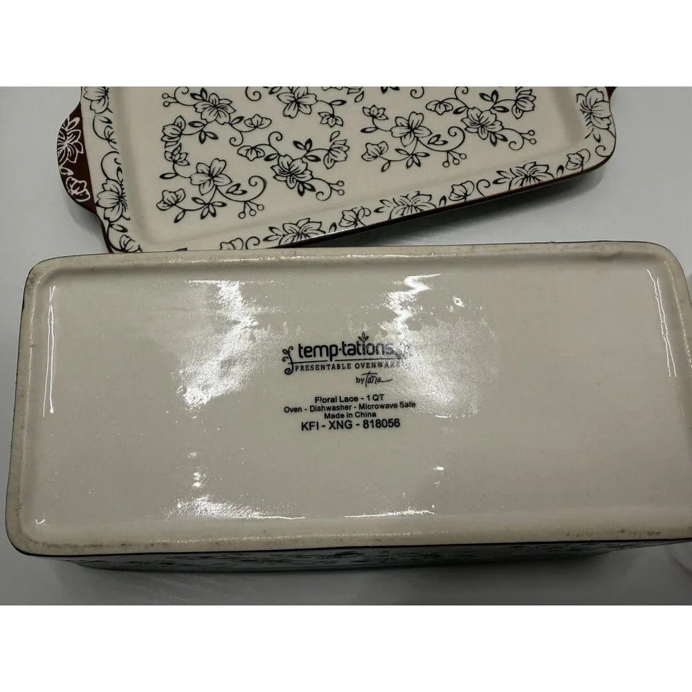 3 Pc TEMP-TATIONS Floral Lace 1 Quart Loaf Bakeware w/Lid & Hotplate